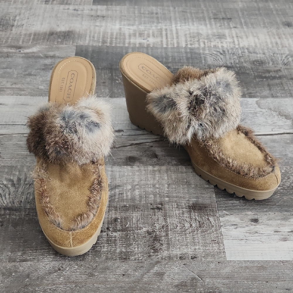 Coach Tan Suede Wedge Mules with Fur Trim